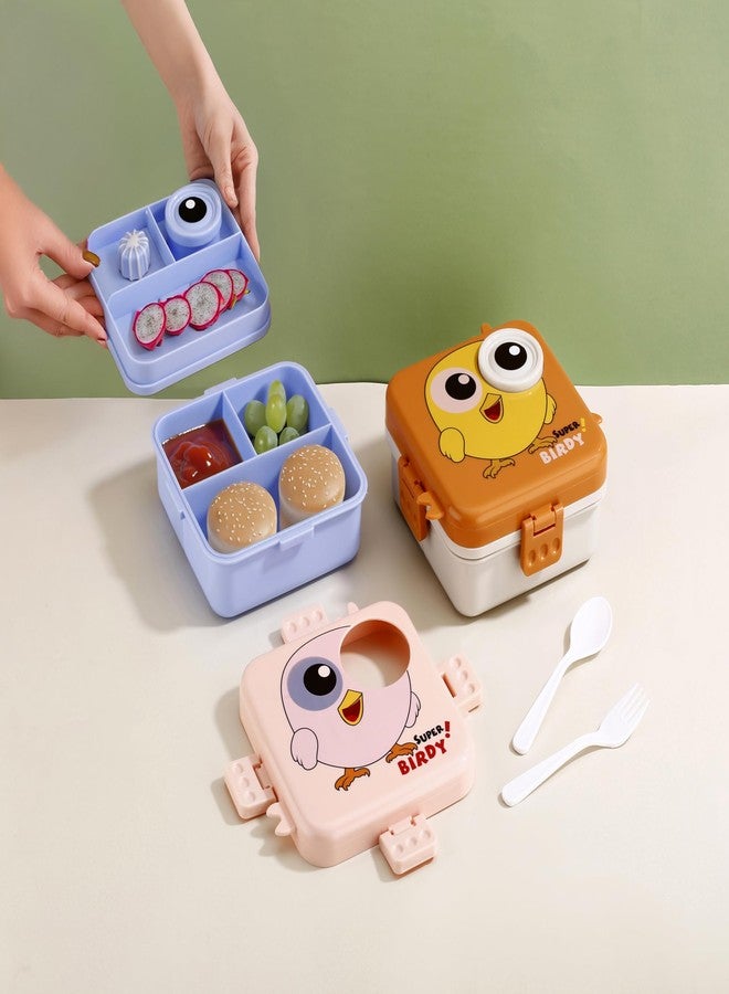 Clazkit 3-Compartment Birdy Printed Design Lunch Box - Leak-Proof & BPA-Free Bento Box with Platic Tray, Spoon & Container for School, Office, Travel - 1120ml + 70ml, Light Pink - Image 5